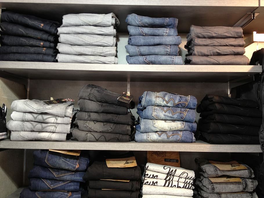 Jean, Stack, Sale, Store, jean stack, shelf, retail, large group of objects, variation, arrangement