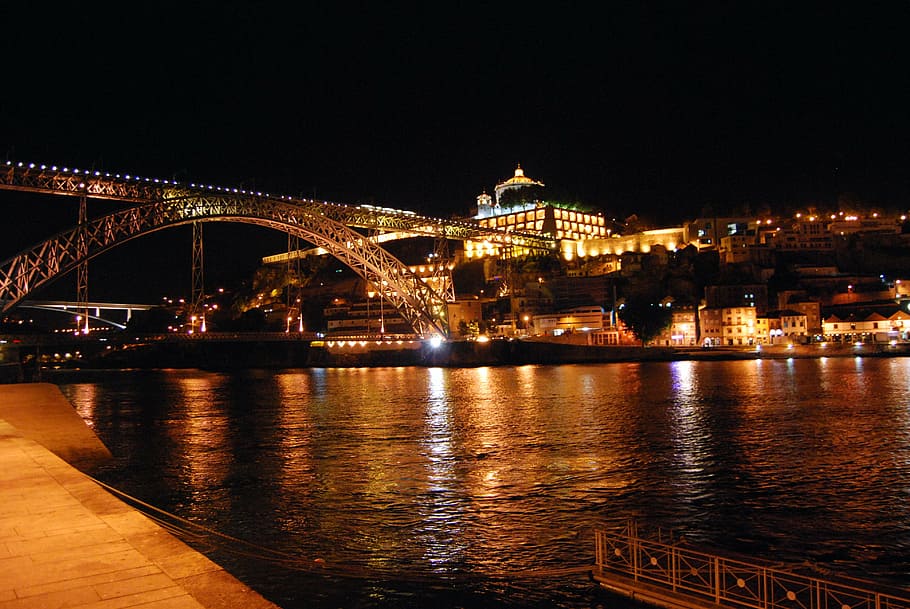 bridge across building, oporto, portugal, bridge, night, river, lights, architecture, built structure, water