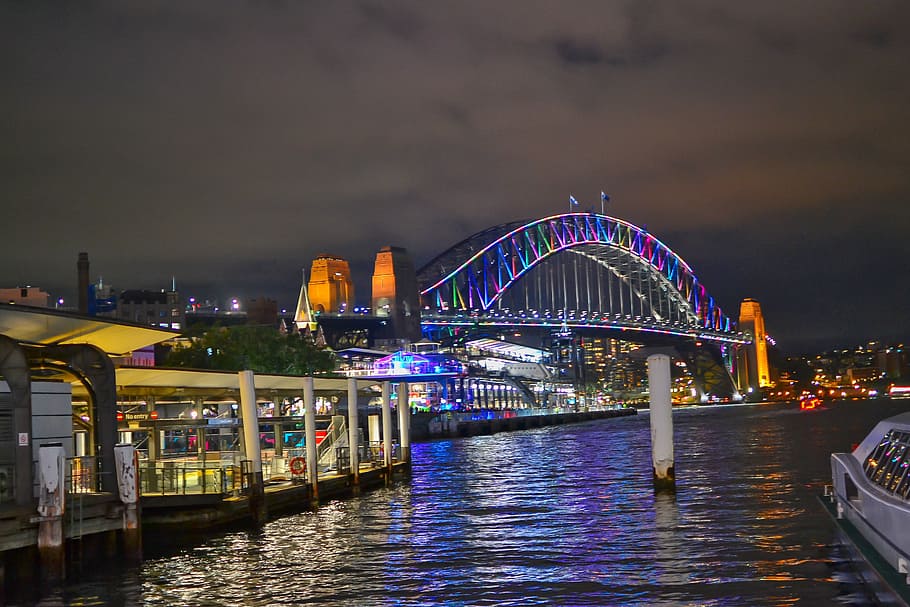 bridge, night, pier, harbour, famous, sydney, vivid, lights, architecture, built structure