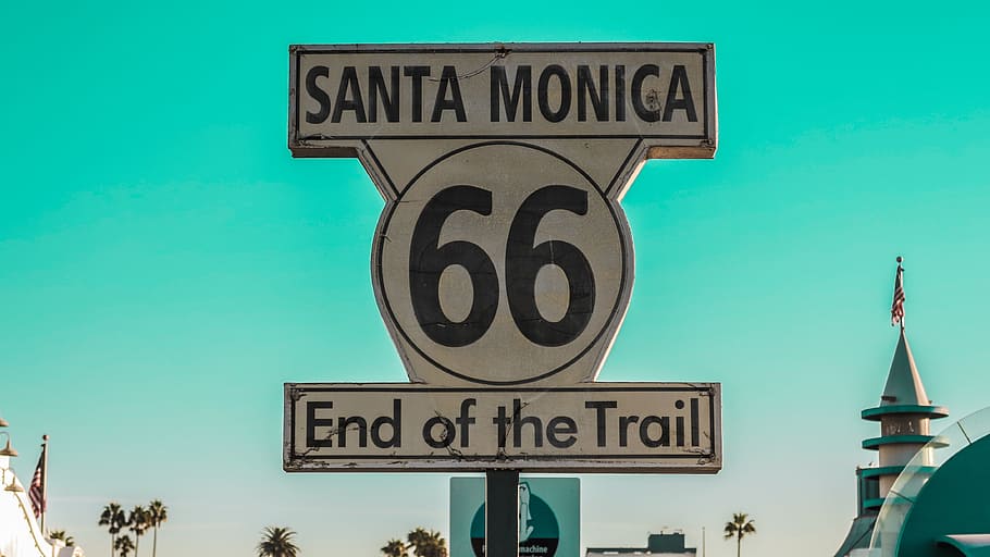 Santa Mónica 66 final, señalización de senderos, señal, ruta66, Santamonica, cielo, Estados Unidos, increíble, América, 66