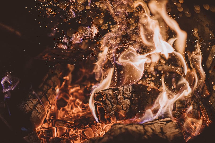 hoguera, fuego, llama, luz, leña, carbón, ceniza, calor, fogata, agua