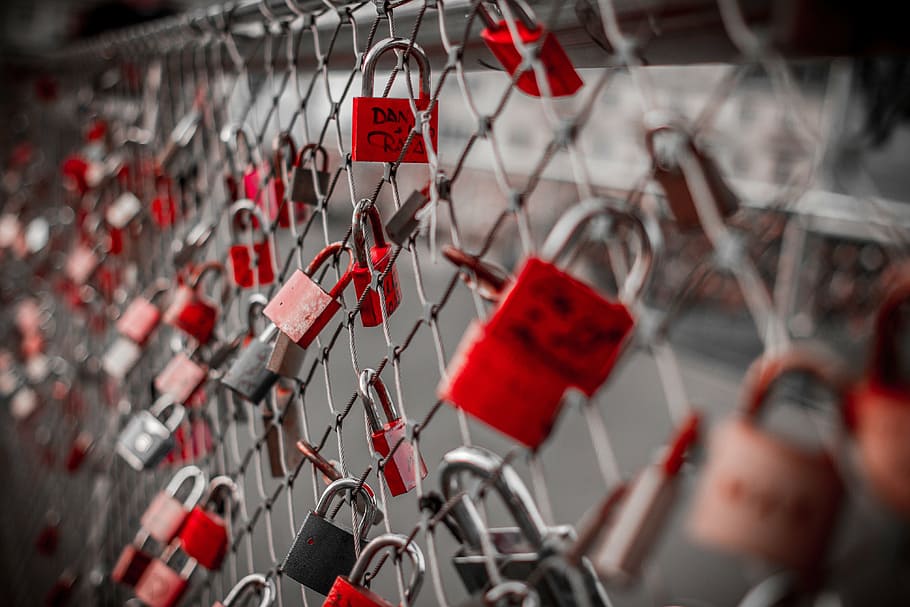 red, padlocks, gray, cyclone fence, castles, fence, love, symbol, love castle, love locks