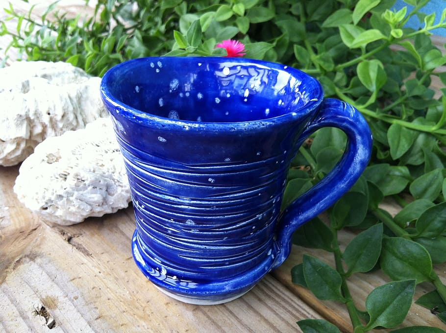 mug, coffee, tea, coral, blue, carved, pottery, ceramics, earthenware, ceramic