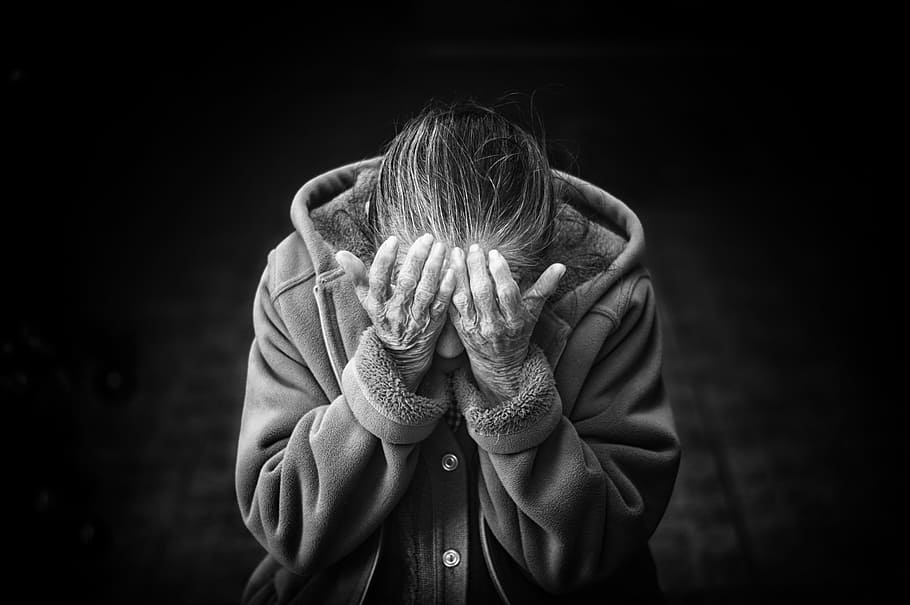 person, wearing, gray, hoodie poster, woman, old, senior, desperation, grief, female