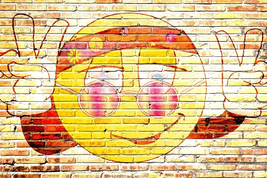 yellow emoji heppies, peace, cool, happy, funny, symbol, multi colored, wall - building feature, art and craft, creativity