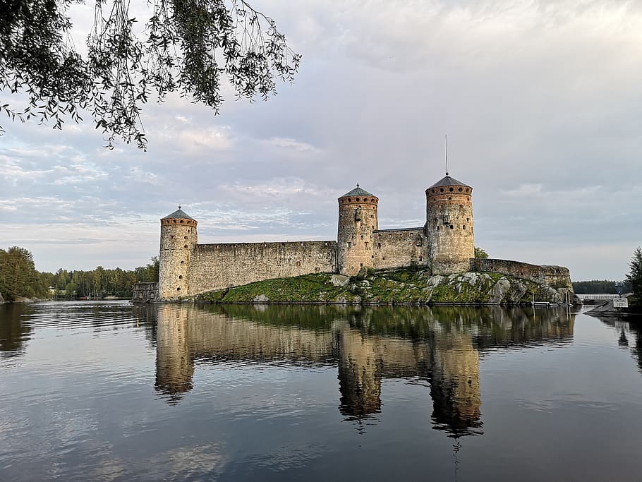olaf's castle, castle, savonlinna, sky, water, architecture, history, the past, reflection, built structure
