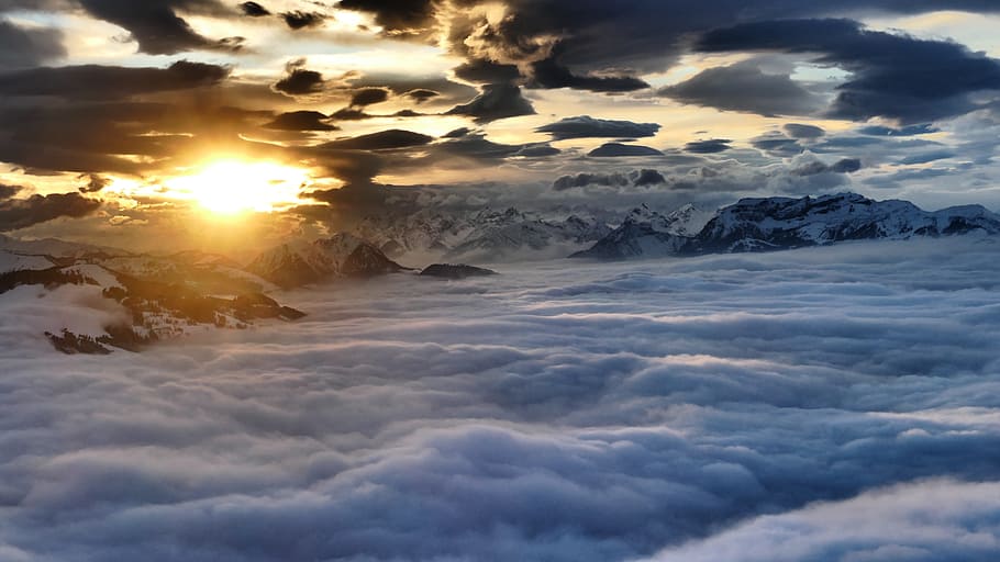 mountains and clouds, high salve austria, sunset, evening mood at mountain, cloud - sky, sky, cloudscape, sunlight, beauty in nature, dramatic sky