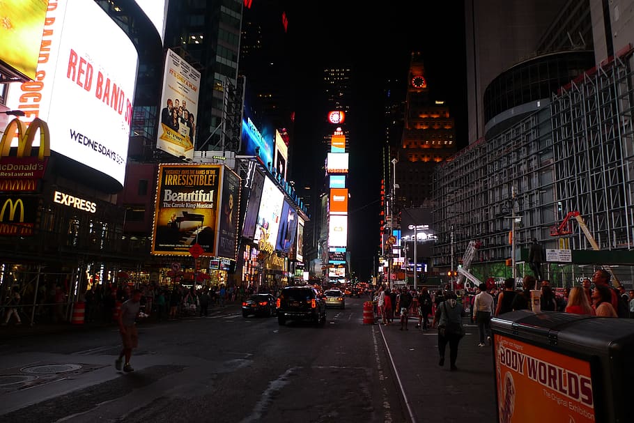 time square, new york, broadway, building exterior, architecture, city, built structure, street, illuminated, night
