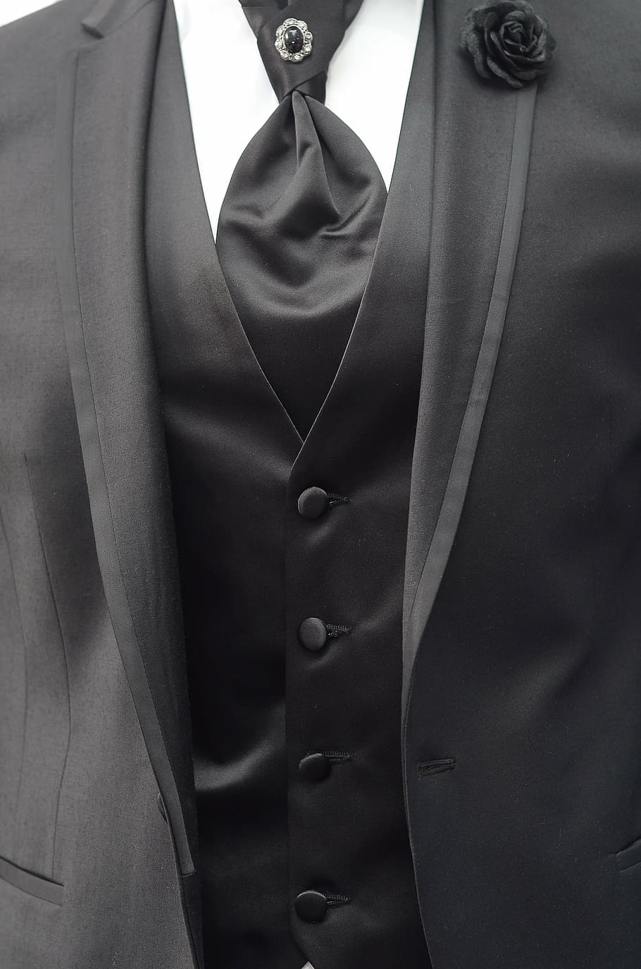 person, wearing, black, notched, lapel suit jacket, suit, tie, men, formalwear, button down shirt