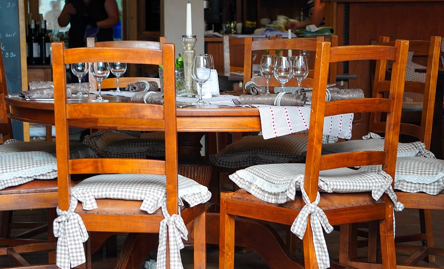 dining table, table, chairs, eat, restaurant, table decoration, meal, chair, seat, business