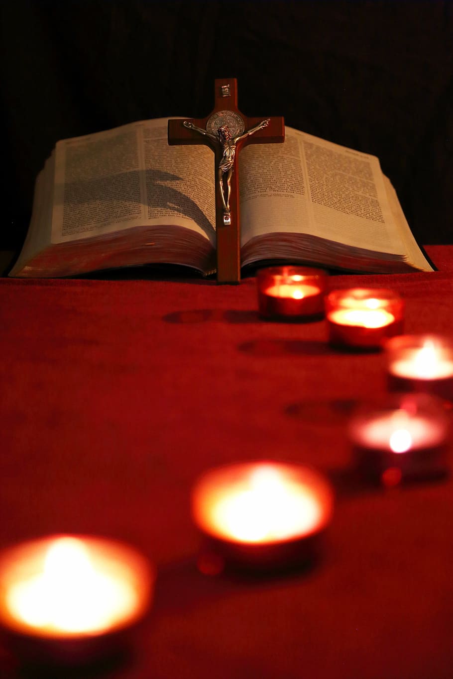 crucifix, leaned, bible, candle, lead, path, cross, light, bright, glass