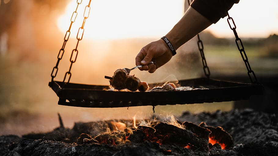 nature, barbeque, grilling, meat, sunset, germany, fire, human hand, human body part, hand