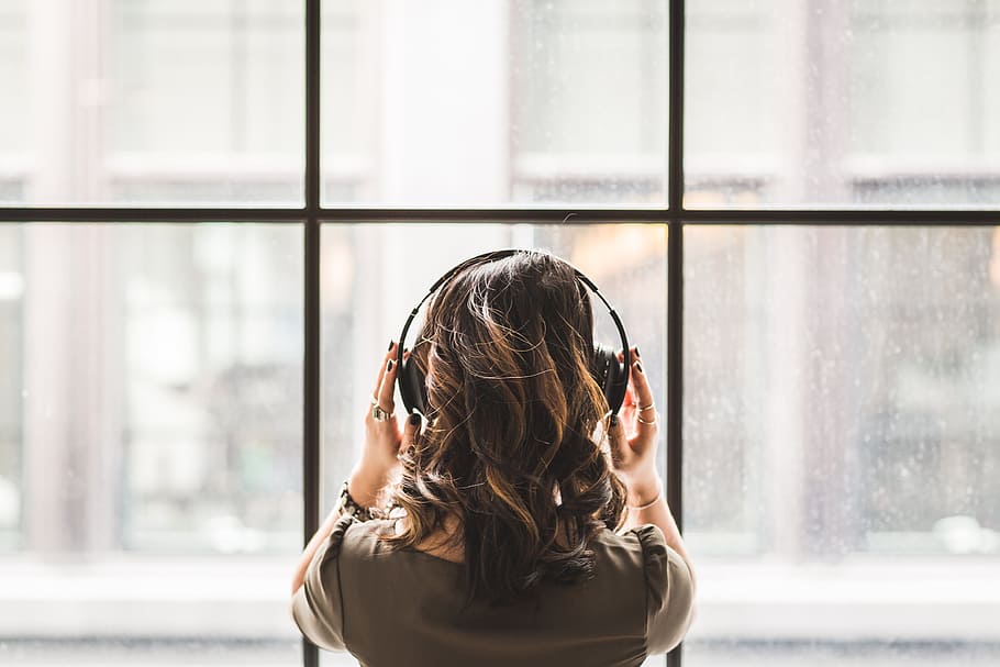 woman, window, listening, music, glass, wall, people, girl, hair, headphones