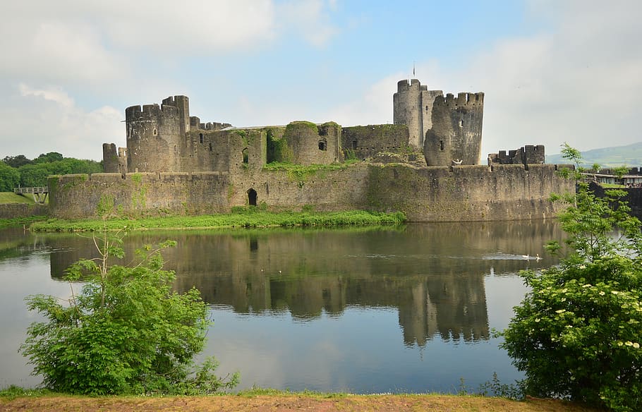 caerphilly castle, cardiff, wales, castle lake, history, architecture, water, built structure, reflection, sky
