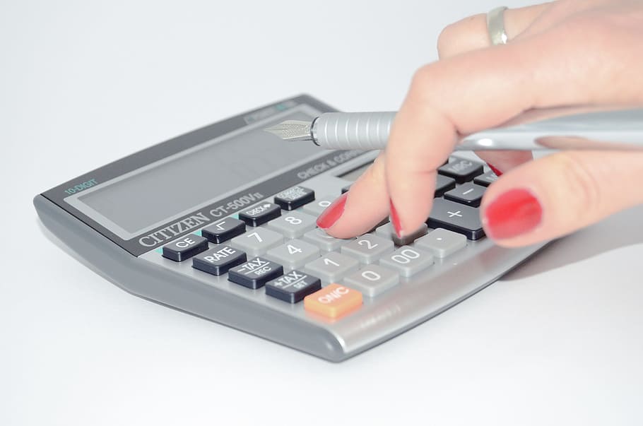 person, pressing, button, desk calculator, calculator, the hand, calculate, count, add, taxes