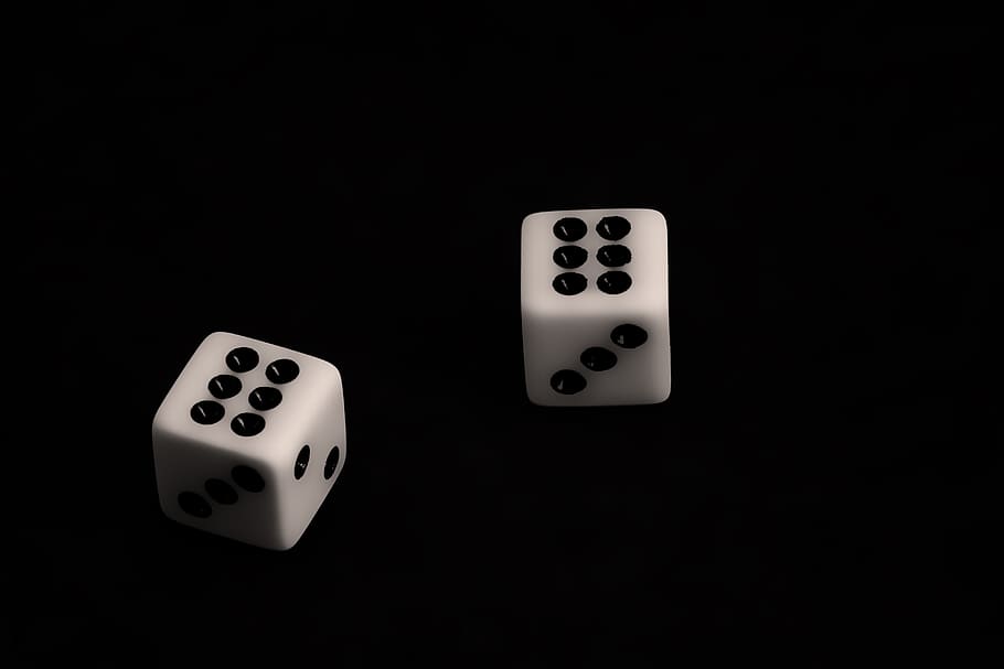 two, white-and-black dice, black, surface, dice, gambling, chance, risk, casino, gamble