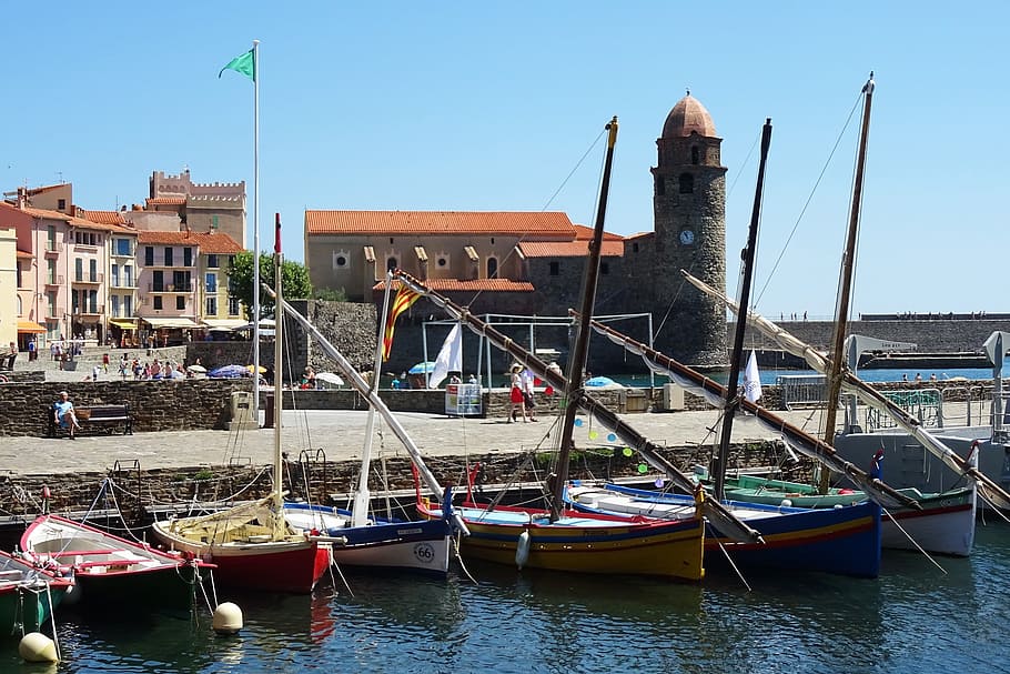 collioure, boats, sea, boat, fishing, blue, old, water, port, nature