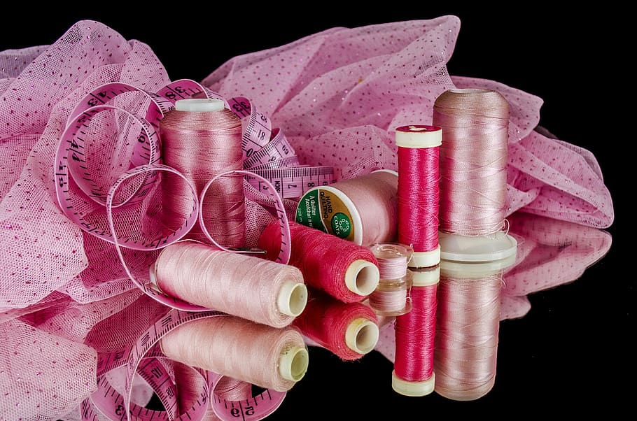 rosa, rollo de hilo, costura, algodón, hilo, material, cinta, medida, color rosa, interior
