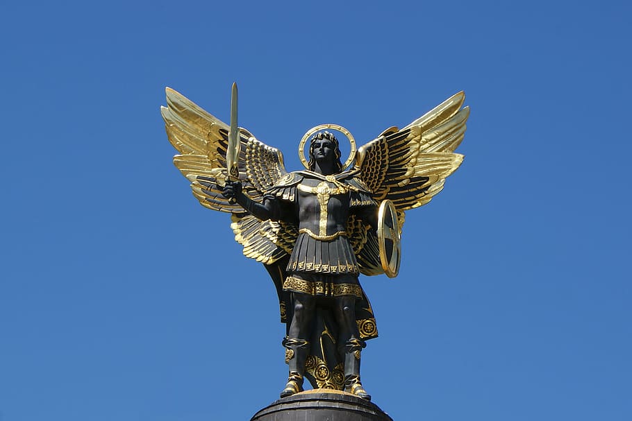 man, wings, holding, sword statue, blue, skies, daytime, ukraine, kiev, kyiv