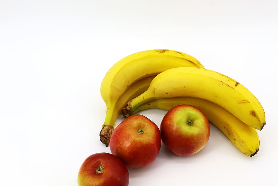 white, background, yellow, bananas, apples, four, fruits, black, nutrition, healthy