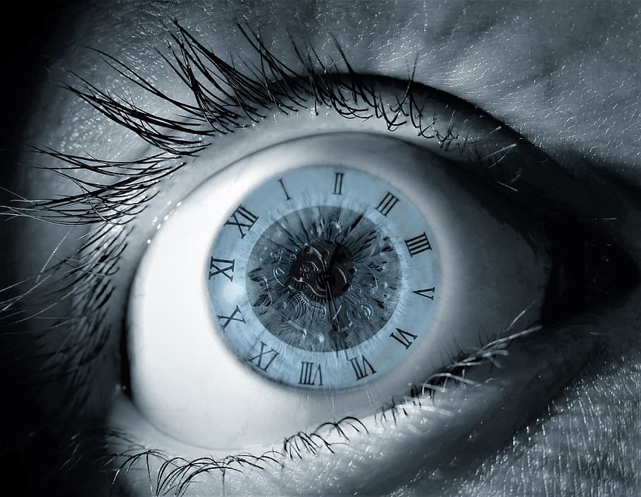 reloj, tiempo, ojo, fantasía, azul, humano, ojo humano, percepción sensorial, vista, parte del cuerpo humano