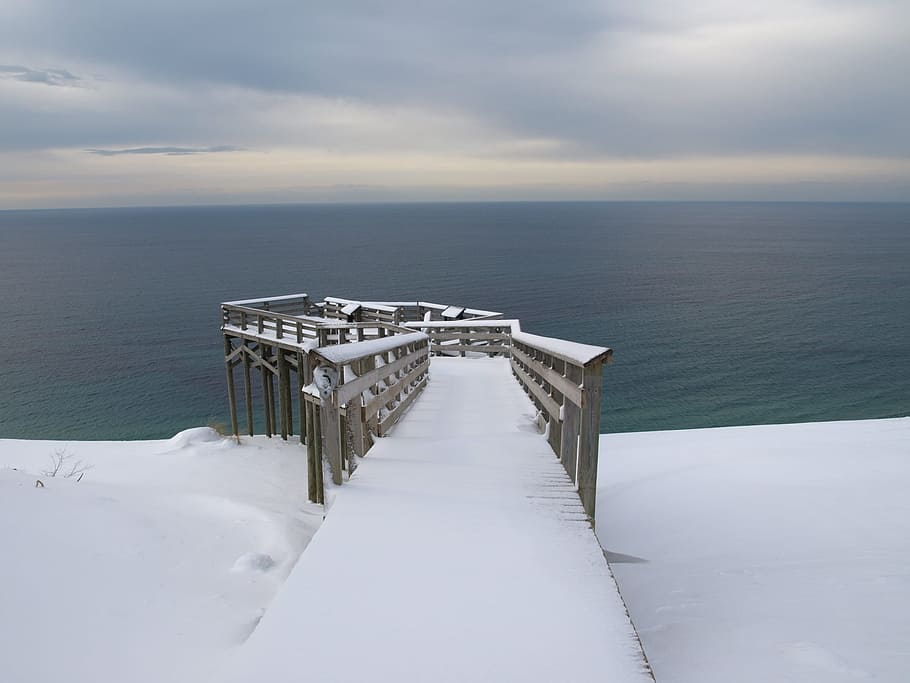 snow-capped, brown, wooden, dock, sea, daytime, Landscape, Winter, Snow, Scenic
