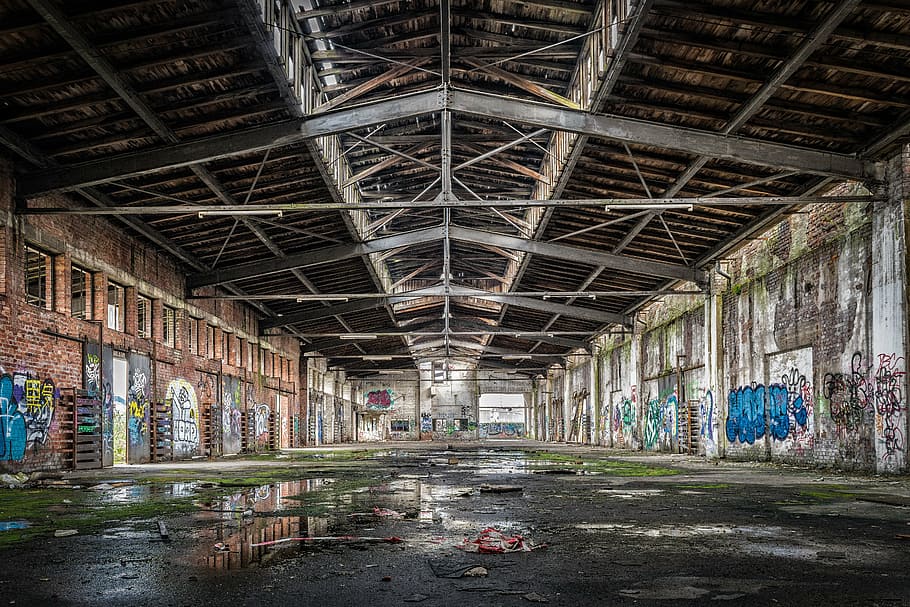 foto pemandangan, bangunan, interior, aula, stok, tempat-tempat yang hilang, aula pabrik lama, rusak, kehancuran, bangunan pabrik