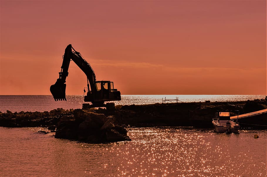 Excavadora, puesta de sol, tarde, trabajo, ensenada, barco, paisaje, industria, maquinaria, mar