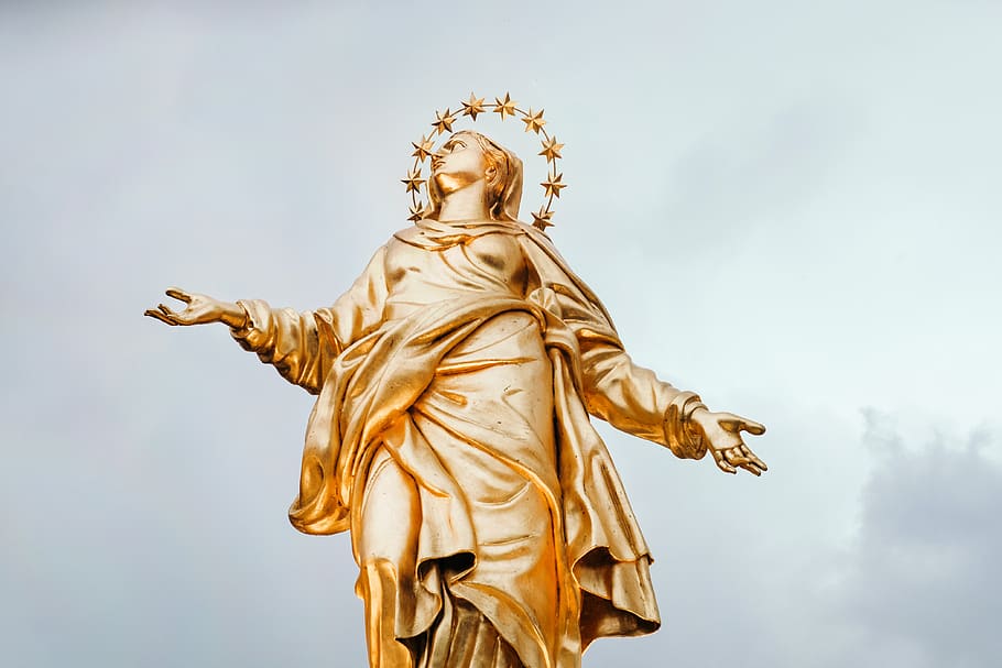 gold, statue, crown, madonnina, italy, sky, sculpture, human representation, art and craft, female likeness