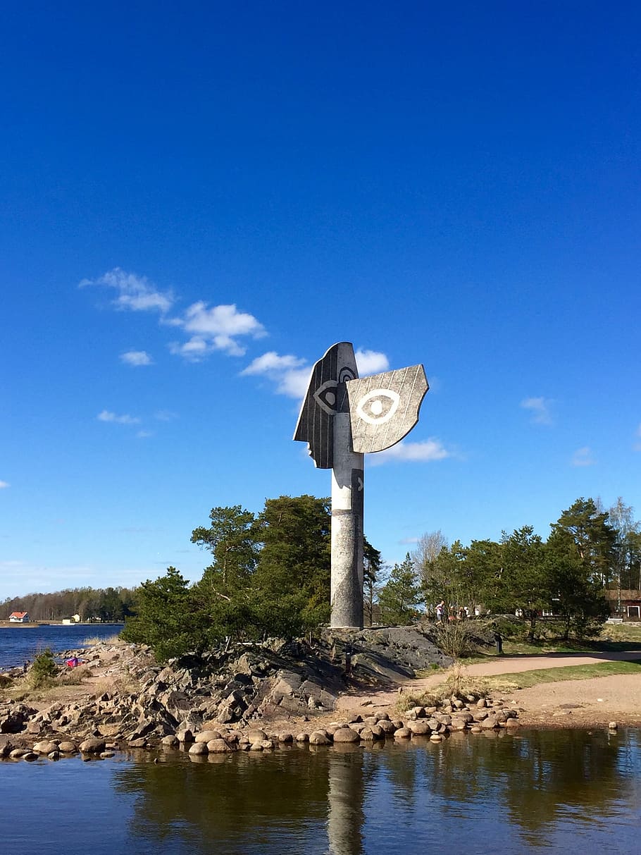 kristinehamn, picasso sculpture, sweden, nature, water, plant, sky, tree, day, blue