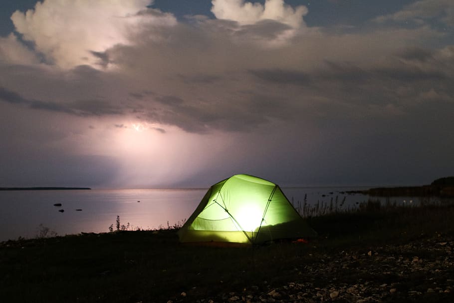 camp, tent, thunderstorm, sea, forward, water, sky, cloud - sky, nature, sunset