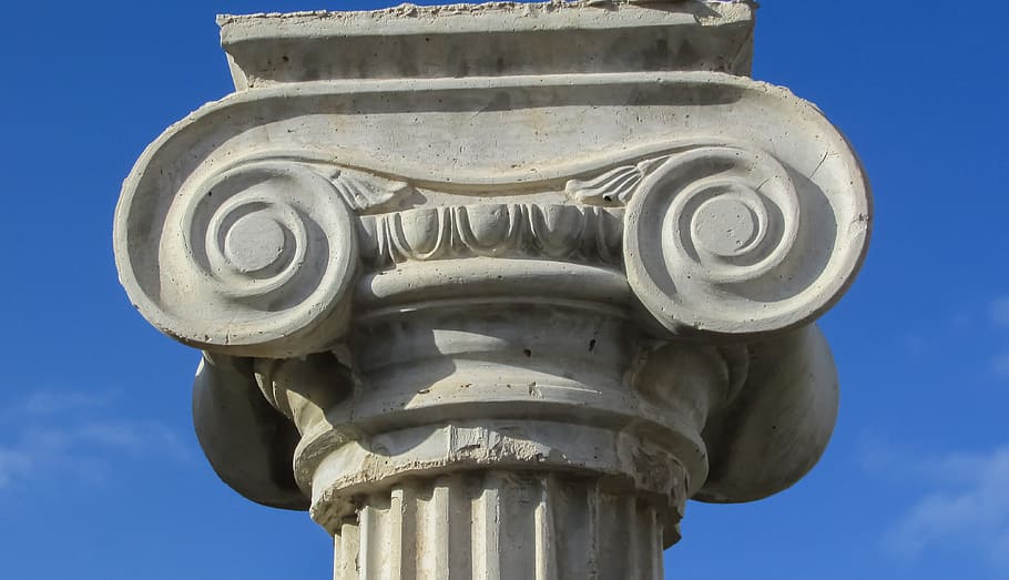 gray concrete pillar, pillar capitals, greek, architecture, column, ionic, elegance, classical, sky, art and craft
