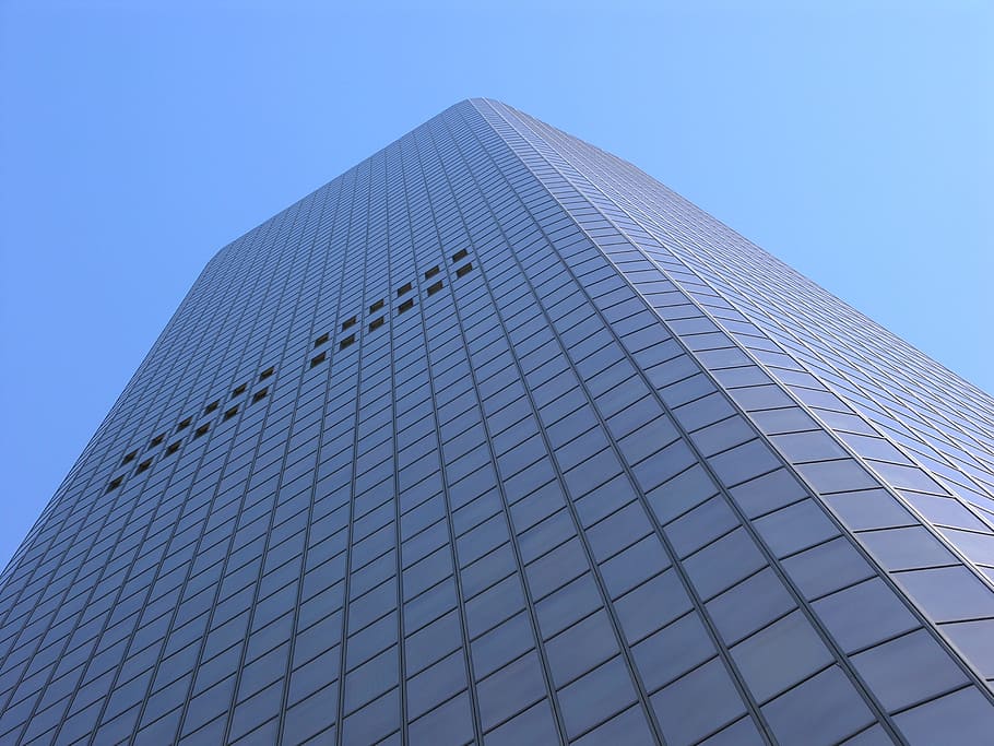 low, angle photography, gray, building, blue sky, modern, high rise, sky scraper, office, glass