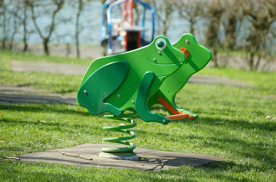 see saw, toys, playground, frog, swing, game device, animal representation, green color, representation, nature