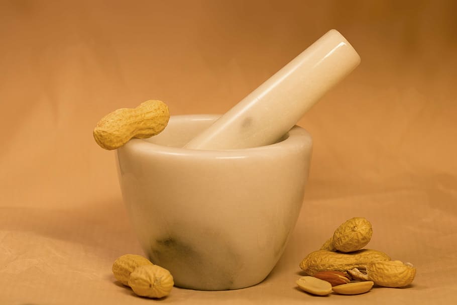 white, ceramic, mortar, pestle, brown, nuts, peanuts, peanut butter, dried fruit, food
