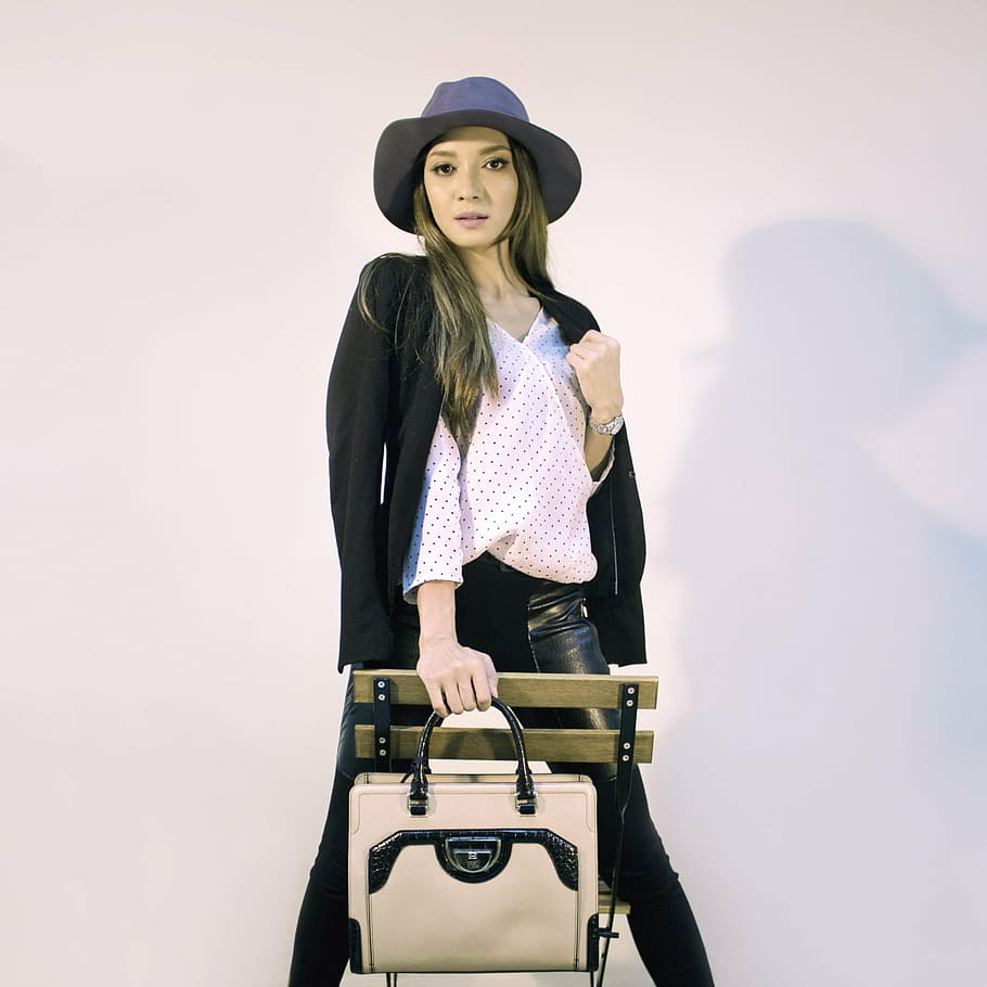 woman, wearing, black, jacket, posing, handbags, fashion, editorial, stylish, lady