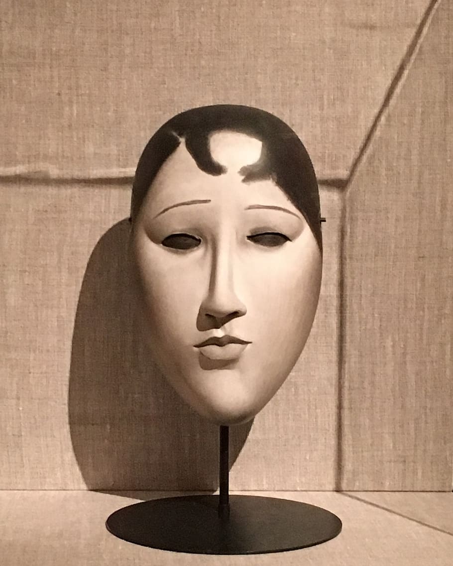 máscara japonesa, mujer joven, máscara, japonés, mujer, artística, madera, negro, blanco, triste
