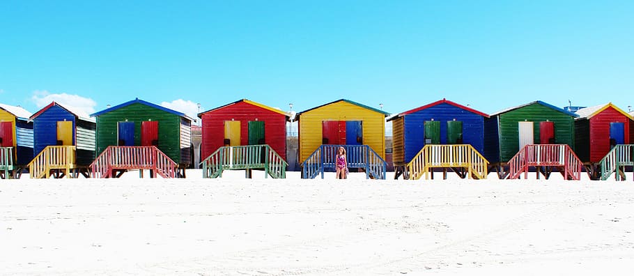 assorted, colored, beach, wooden, cottages, muizenberg, cape town, indian ocean, cabins, colorful