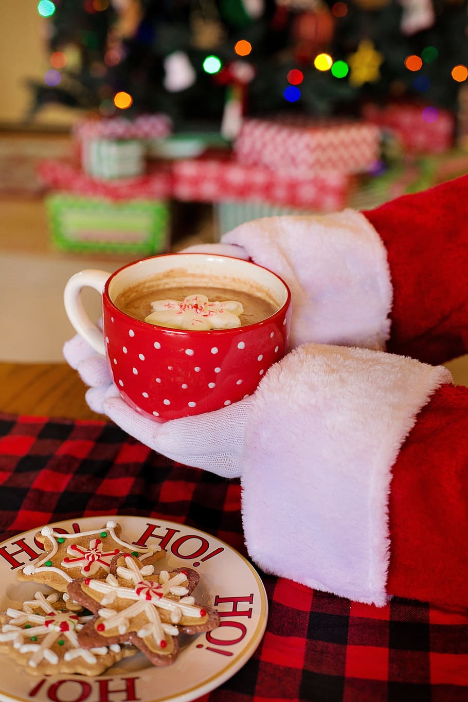 person, holding, filled, red, cup, santa claus, santa, hot chocolate, cookies, christmas eve
