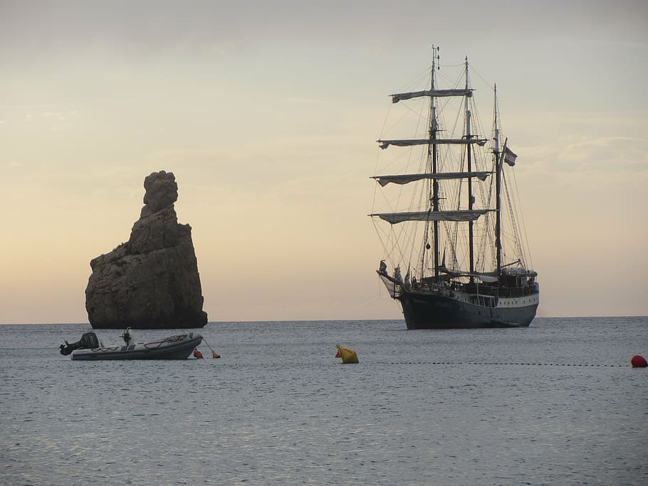 black, ship, rock, ibiza, sunset, nautical vessel, water, sea, transportation, mode of transportation