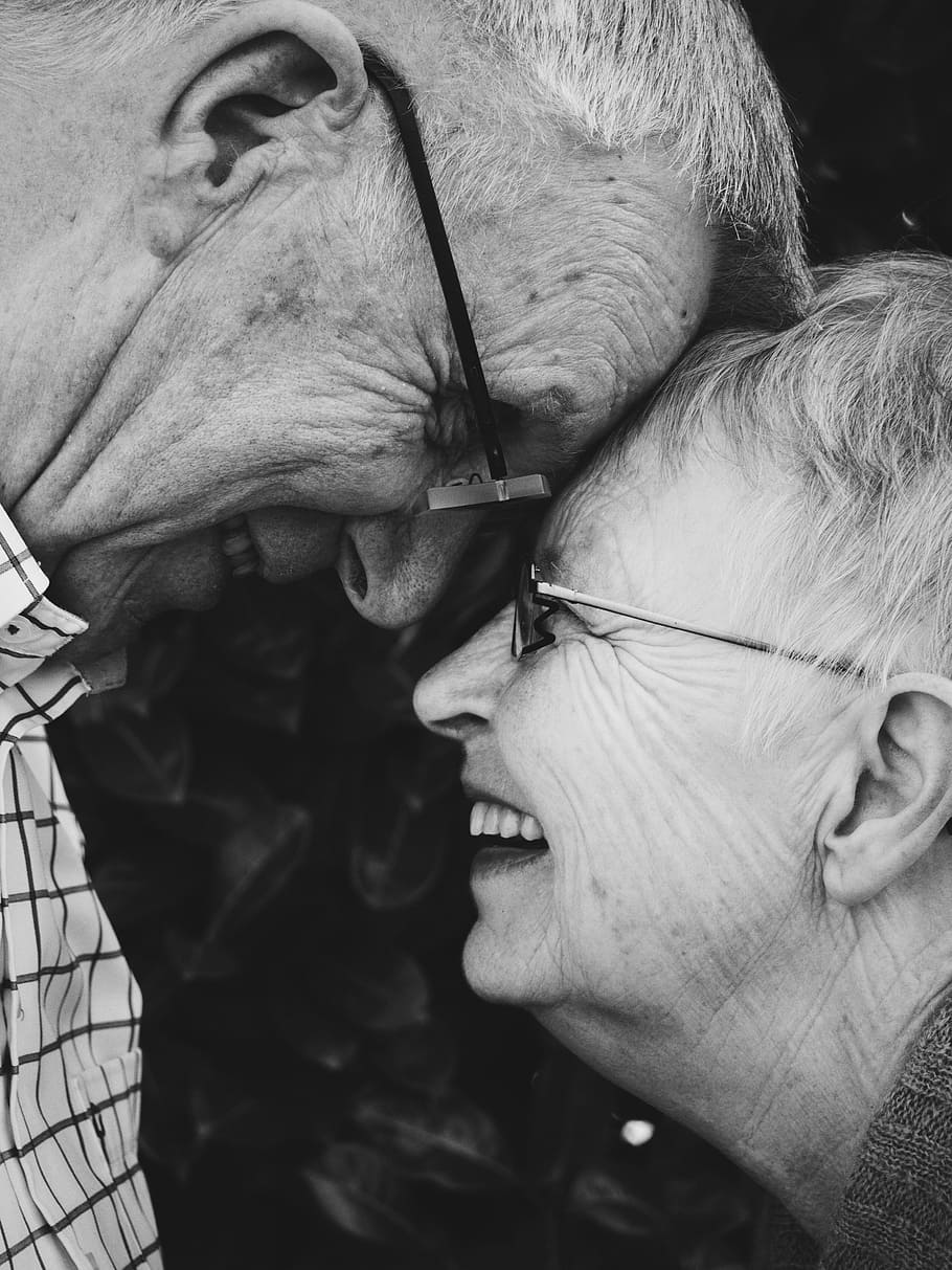 old, man, woman, smiling, people, couple, love, laugh, happy, black and white