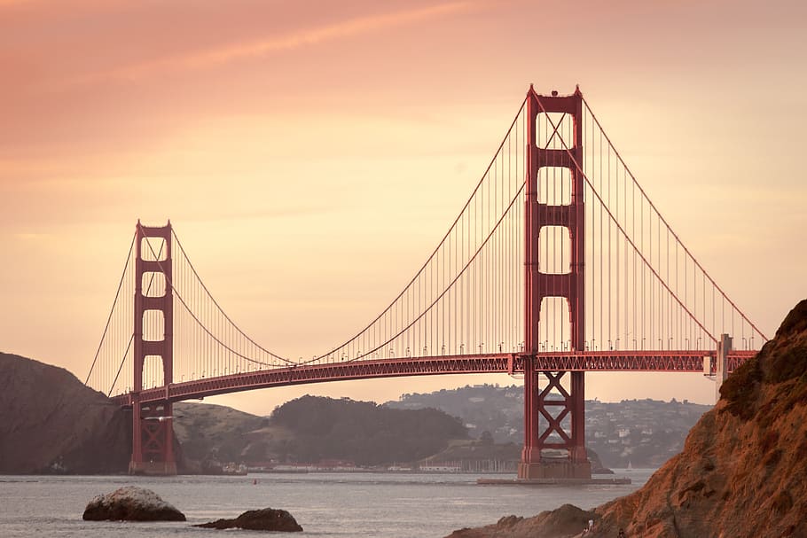 matahari terbenam, langit, Jembatan golden gate, penangguhan, Arsitektur, San Fransisco, Amerika Serikat, merah, kota, air