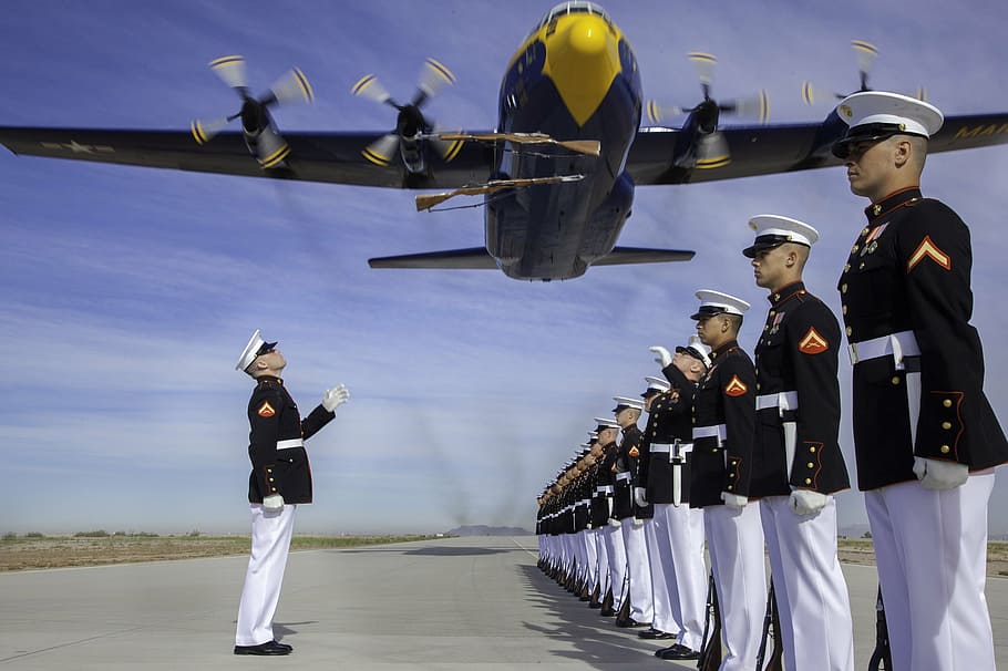 military, personnel, standing, flying, airplane, daytime, silent drill platoon, marine corps, fat albert, blue angels