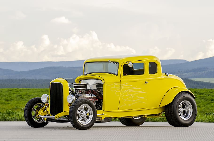 classic, yellow, vehicle, parked, gray, concrete, road, classic car, hot rod, car