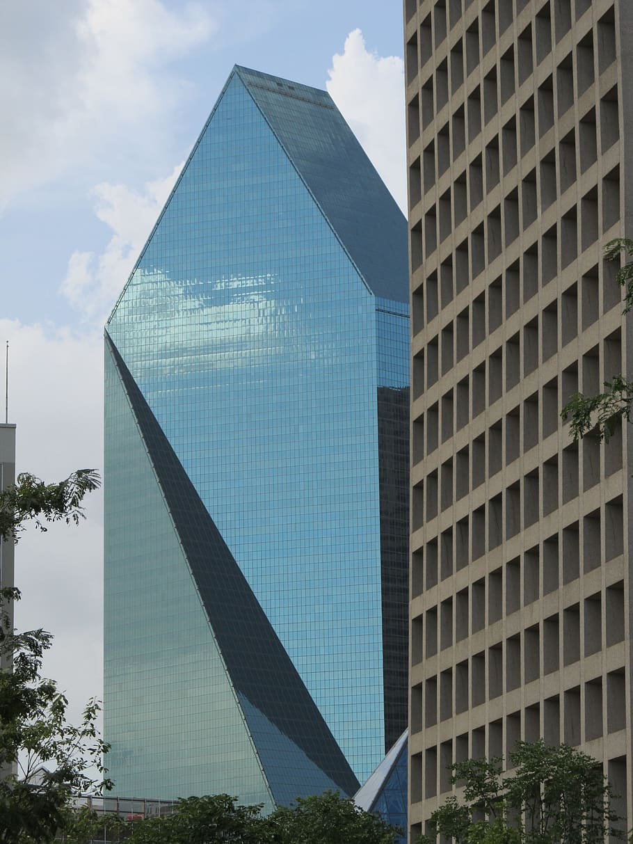 rascacielos, fachada de vidrio, ventanas, reflexión, diseño, edificios, centro de la ciudad, Dallas, edificios de oficinas, arquitectura