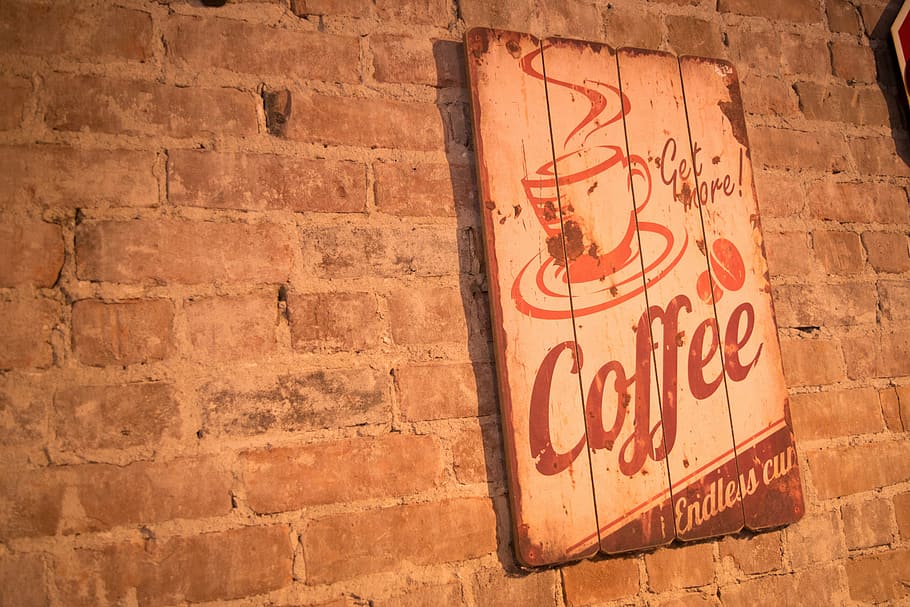 coffee signage, wall, coffee, restaurant, brick, sign, wall - Building Feature, text, architecture, built structure