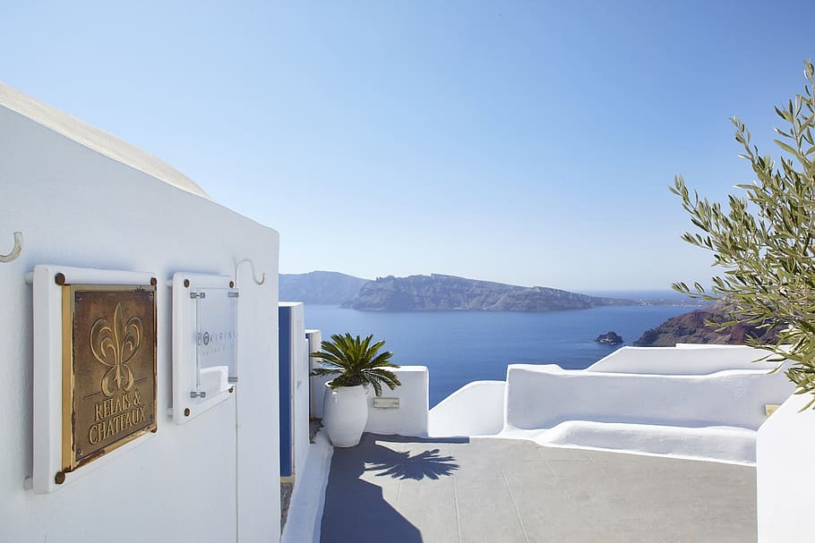 Santorini, Beach, Terrace, luxury, wealth, blue, sky, balcony, day, water
