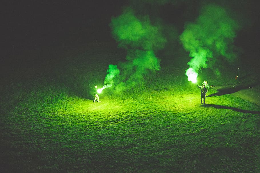 holding, green, flares, night, People, at night, green Color, grass, nature, fire - Natural Phenomenon