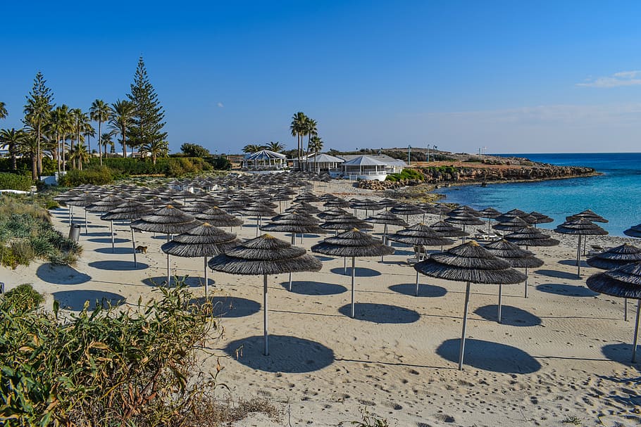 beach, umbrellas, sand, resort, vacations, tourism, cyprus, ayia napa, nissi beach, sea