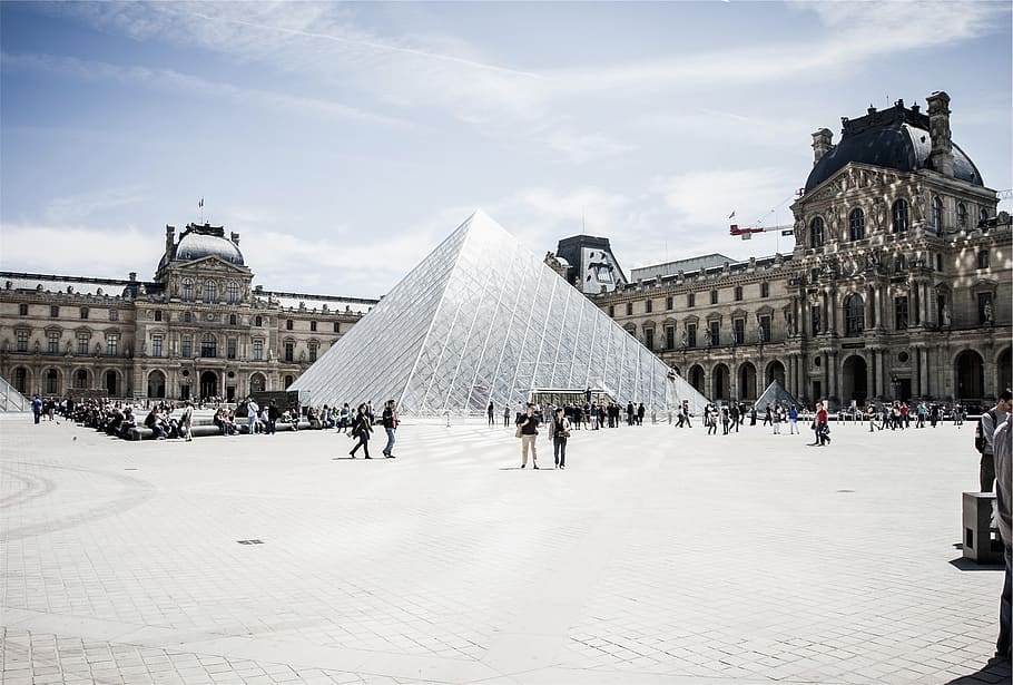 Louvre, Paris, Prancis, seni, galeri, museum, orang, kerumunan, turis, bangunan